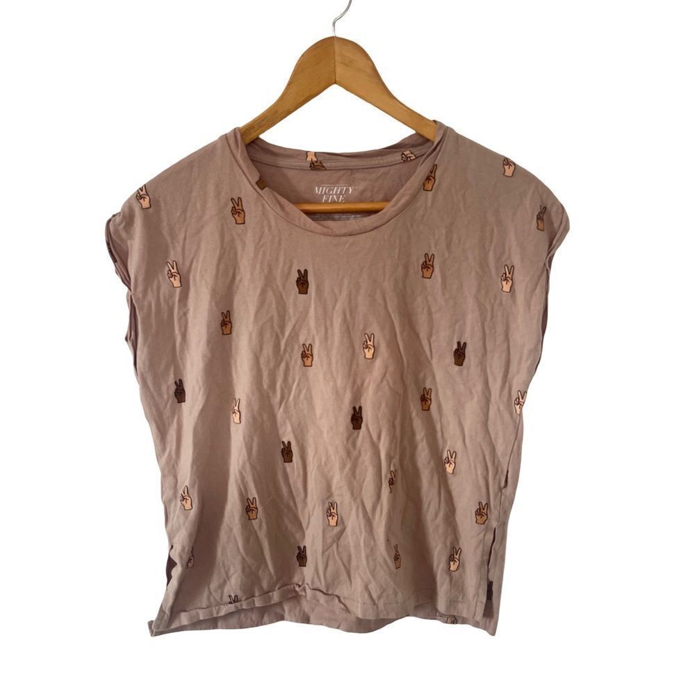 Mighty Fine Tan Peace Sign Graphic‎ Cap Sleeve Cotton T-Shirt
